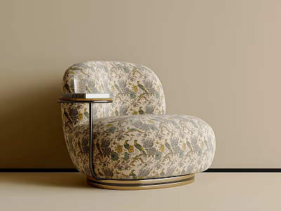 Elegant Floral Pattern Accent Chair With Beige Fabric And Metal Frame Side Table 3d model