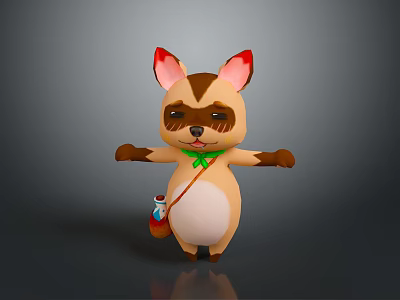 Cute 3D Cartoon Animal Character With Brown White Fur Red Ears Green Bowtie And Small Bag 3d model