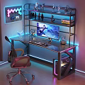 Gaming Entertainment Desk Setup With RGB LED Lights Monitor Action Figures And Ergonomic Chair