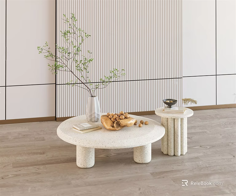 Round Natural Stone Coffee Table with Cylindrical Legs Vase Branches Nuts and Side Table 3d model 