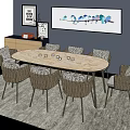Round Dining Table Set With Eight Woven Chairs Navy Blue Wall Art And Rug