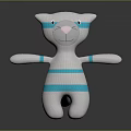 Cute White Plush Cat Toy With Blue Stripes And Pink Nose Design