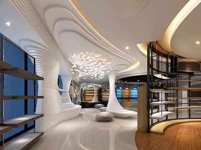 Modern Boutique Interior Design With Curved Walls Round Seats Lit Ceiling And Large Windows 3d model