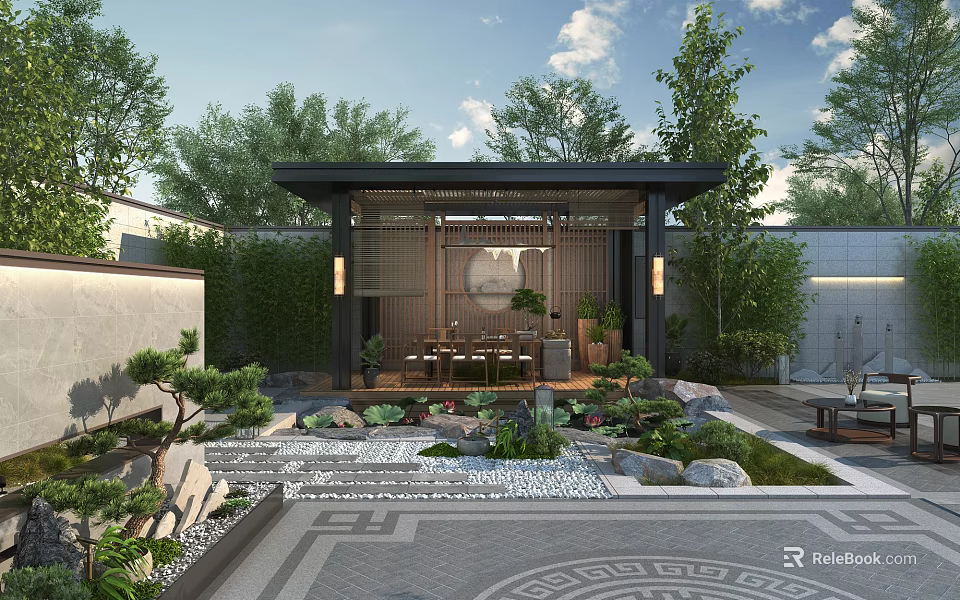 Chinese Style Courtyard Garden With Pavilion Rockery Lotus Pond Green Plants And Stone Pathway 3d model 