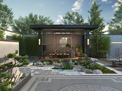 Chinese Style Courtyard Garden With Pavilion Rockery Lotus Pond Green Plants And Stone Pathway 3d model