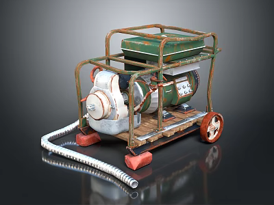 Vintage Metal Cart With Green Box White Cylinder Frame Hose And Wheels 3d model