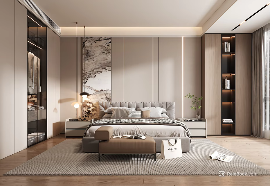 Modern Bedroom Interior With Large Bed Decorative Painting Pendant Lights And Wooden Floor 3d model 