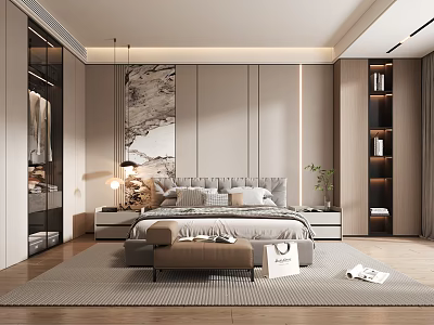 Modern Bedroom Interior With Large Bed Decorative Painting Pendant Lights And Wooden Floor 3d model