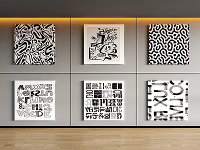 Black and White Abstract Artworks Wall Decor With Diverse Patterns And Typography 3d model