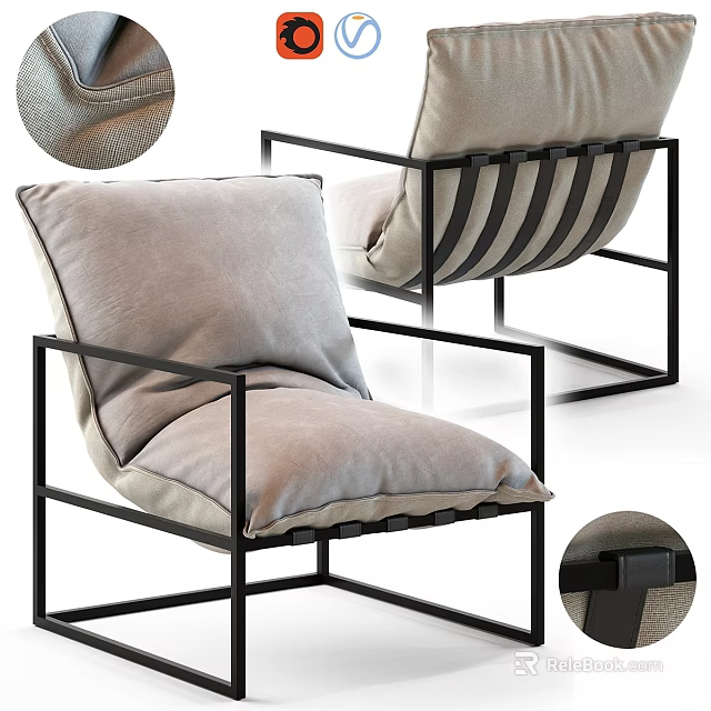 Modern Leisure Chair With Black Metal Frame Light Gray Cushion For Living Room 3d model 