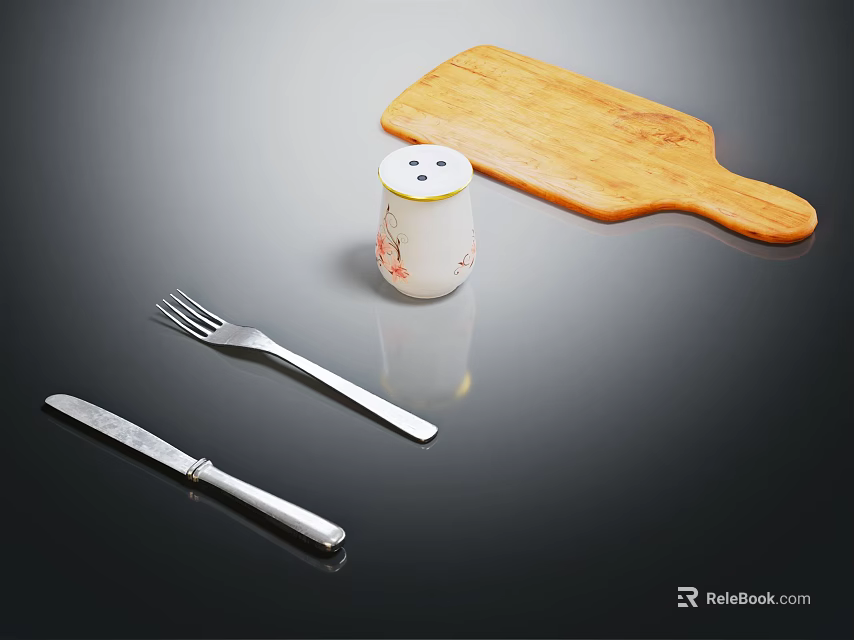Essential Kitchen Wooden Cutting Board With Floral Spice Jar Fork And Knife 3d model 