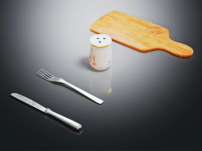 Essential Kitchen Wooden Cutting Board With Floral Spice Jar Fork And Knife 3d model