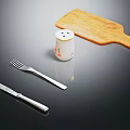 Essential Kitchen Wooden Cutting Board With Floral Spice Jar Fork And Knife