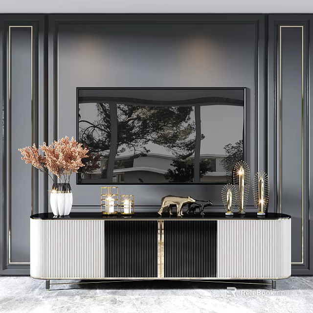 Modern Luxury TV Stand With TV Dried Flowers Candles And Golden Decor 3d model 
