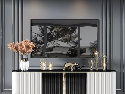 Modern Luxury TV Stand With TV Dried Flowers Candles And Golden Decor 3d model