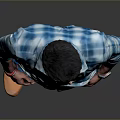 A Man In Blue And White Plaid Shirt Blue Pants Brown Shoes On Gray Background
