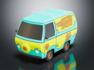 Colorful Cartoon Van with Blue and Yellow Design Floral Patterns and Mystery Machine 3d model