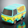Colorful Cartoon Van with Blue and Yellow Design Floral Patterns and Mystery Machine