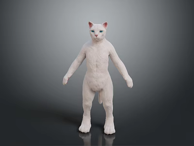 White Cat Standing Upright Full Body With Blue Eyes On Dark Background 3d model