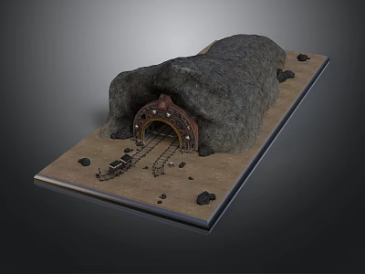 3D Cave Entrance Model With Railway Tracks And Rocks On Base Platform 3d model