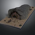 3D Cave Entrance Model With Railway Tracks And Rocks On Base Platform