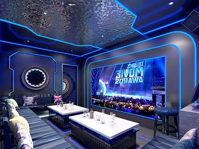 Modern KTV Interior Design With Blue Neon Lights Sofas Tables And Large Screen 3d model