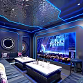 Modern KTV Interior Design With Blue Neon Lights Sofas Tables And Large Screen