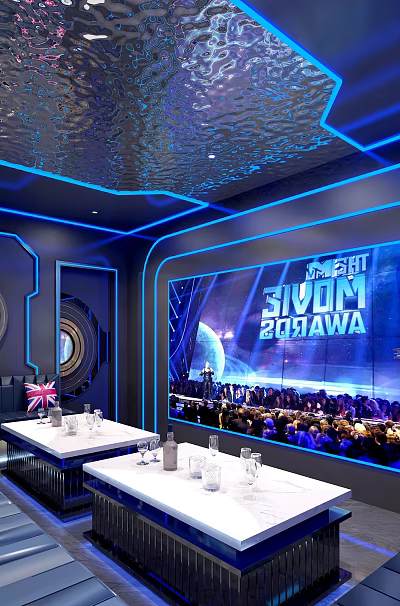 Modern KTV Interior Design With Blue Neon Lights Sofas Tables And Large Screen 3d model