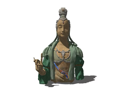 Traditional Carved Sculpture of Figure with Intricate Headpiece Green Robe and Jewelry 3d model