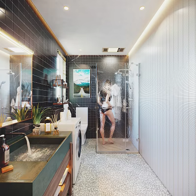 Modern Bathroom Interior With Glass Shower Enclosure Sink Mirror And Ceramic Tiles 3d model