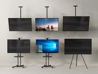 Modern TVs on Stands and Tripods Displaying Starry Sky Rocks and Windows Interface 3d model