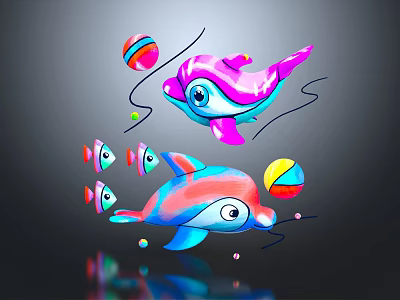 Colorful Reptile With Playful Balls On Dark Background With Reflection 3d model