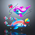 Colorful Reptile With Playful Balls On Dark Background With Reflection 3d model