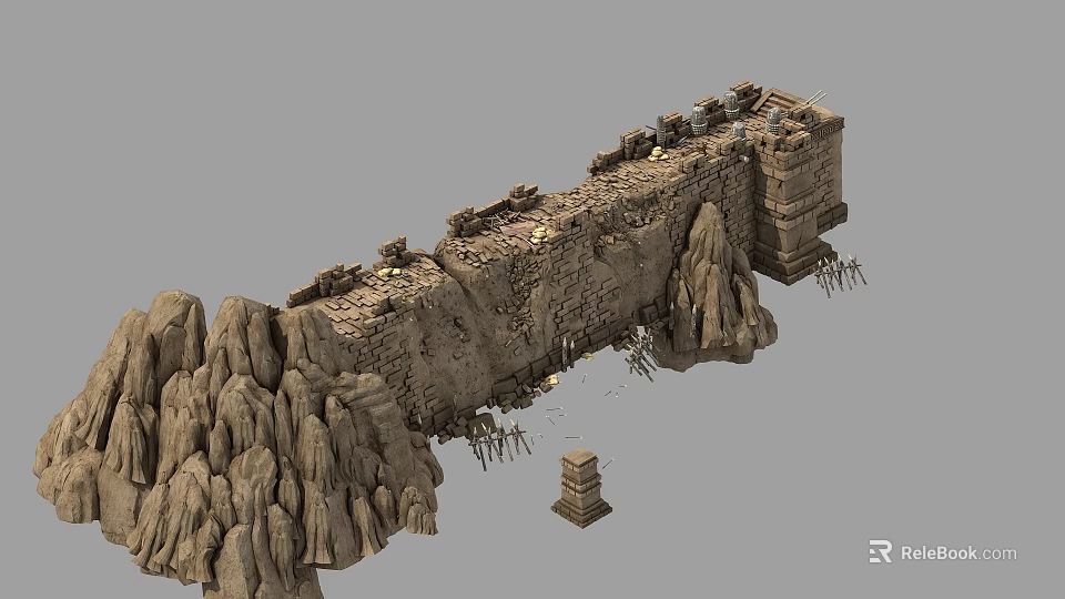 Ancient Fortress Wall Surrounded By Rocky Cliffs And Defensive Towers With Spiked Barriers 3d model