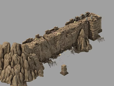 Ancient Fortress Wall Surrounded By Rocky Cliffs And Defensive Towers With Spiked Barriers 3d model