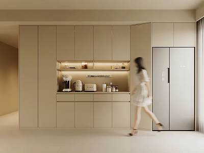 Modern Kitchen Wine Cabinet Design With Light Colored Cabinets LED Lighting And Silver Refrigerator 3d model