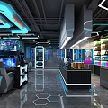 Modern Internet Cafe Interior With Multiple Computers Comfortable Seats And Futuristic Neon Decor 3d model
