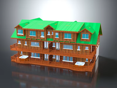 Cartoon Scene Two Story Wooden House Featuring Green Roof Balconies White Tables and Chairs 3d model