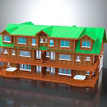 Cartoon Scene Two Story Wooden House Featuring Green Roof Balconies White Tables and Chairs