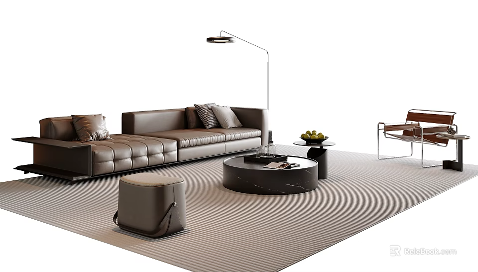 Modern Leather Sofa and Round Coffee Table Set with Pillows and Floor Lamp 3d model