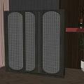 Modern Grey Three Panel Perforated Decorative Cabinet With Wooden Wall And Potted Plant