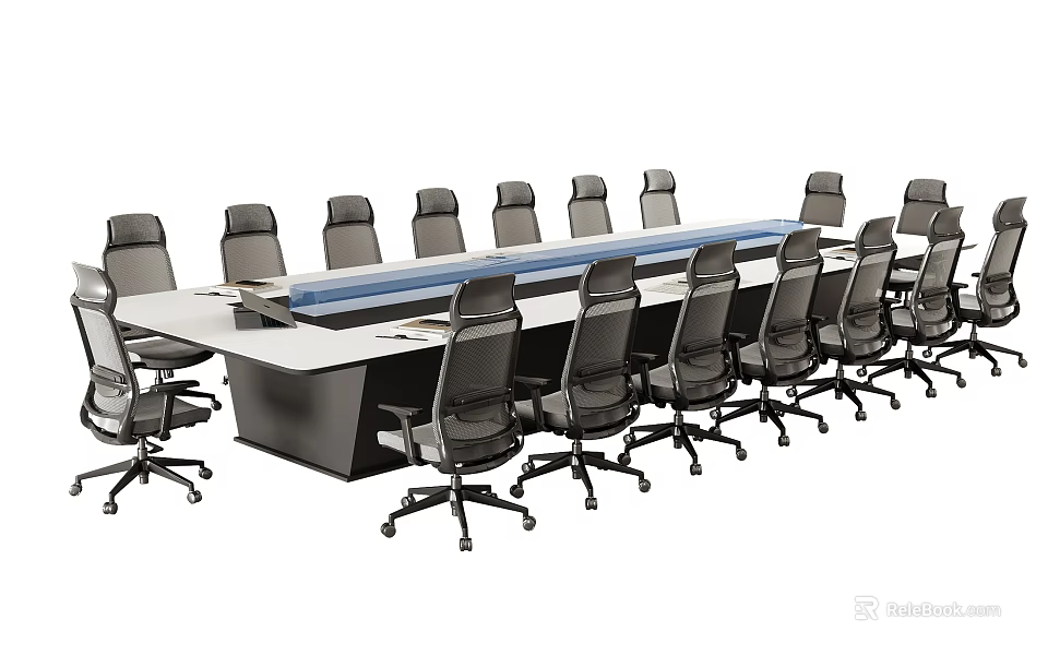 Modern Long Conference Table With Black Office Chairs On Wheels For Team Meetings 3d model 