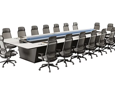Modern Long Conference Table With Black Office Chairs On Wheels For Team Meetings 3d model