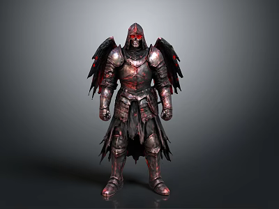 Armored Figure With Red Accents And Tattered Wings On Dark Background 3d model