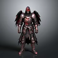 Armored Figure With Red Accents And Tattered Wings On Dark Background