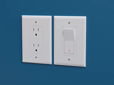 White Switch Plates With Electrical Outlet And Light Switch On Blue Wall 3d model