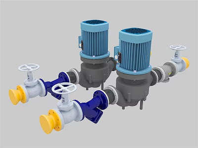 Industrial Equipment with Two Blue Motors Connected Pipes and Yellow Valves 3d model
