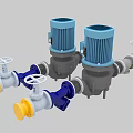 Industrial Equipment with Two Blue Motors Connected Pipes and Yellow Valves