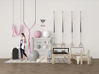 Indoor Fitness Equipment With Aerial Yoga Straps Yoga Balls Balance Beam And Parallel Bars 3d model