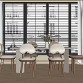 Modern Dining Table with Four Chairs Vase of Flowers and Fruit by Window Blinds